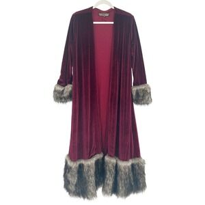 Jennafer‎ Grace Womens Mob Wife Velvet Duster Cardigan Faux Fur Trim XS Burgundy